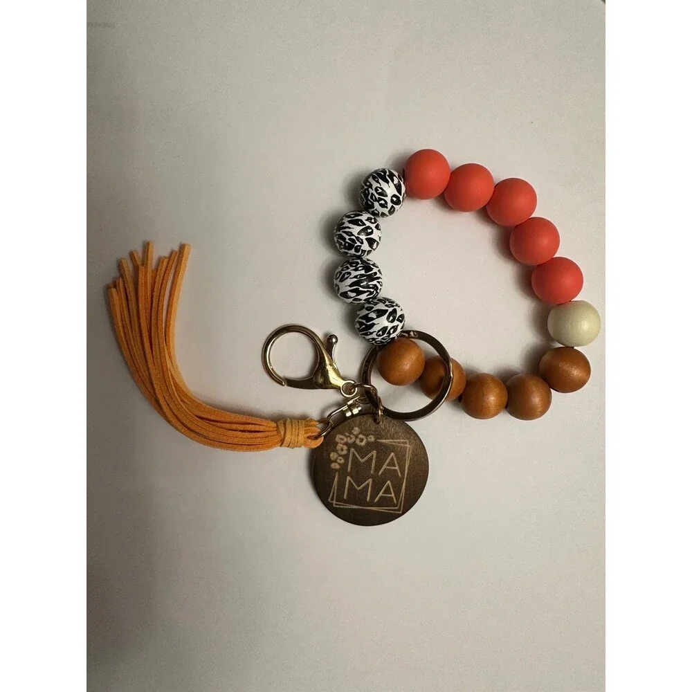 Leopard Wood Orange Accent Beads Tassel Key Ring Wristlet Keychain